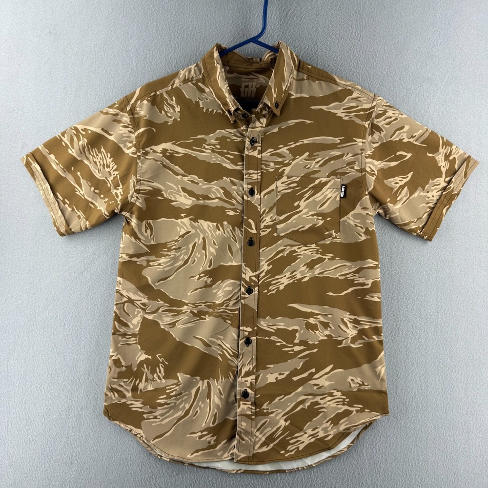 G4 Greater Half Shirt Mens Medium Golden Tiger Stripe Camo Stretch Button Up